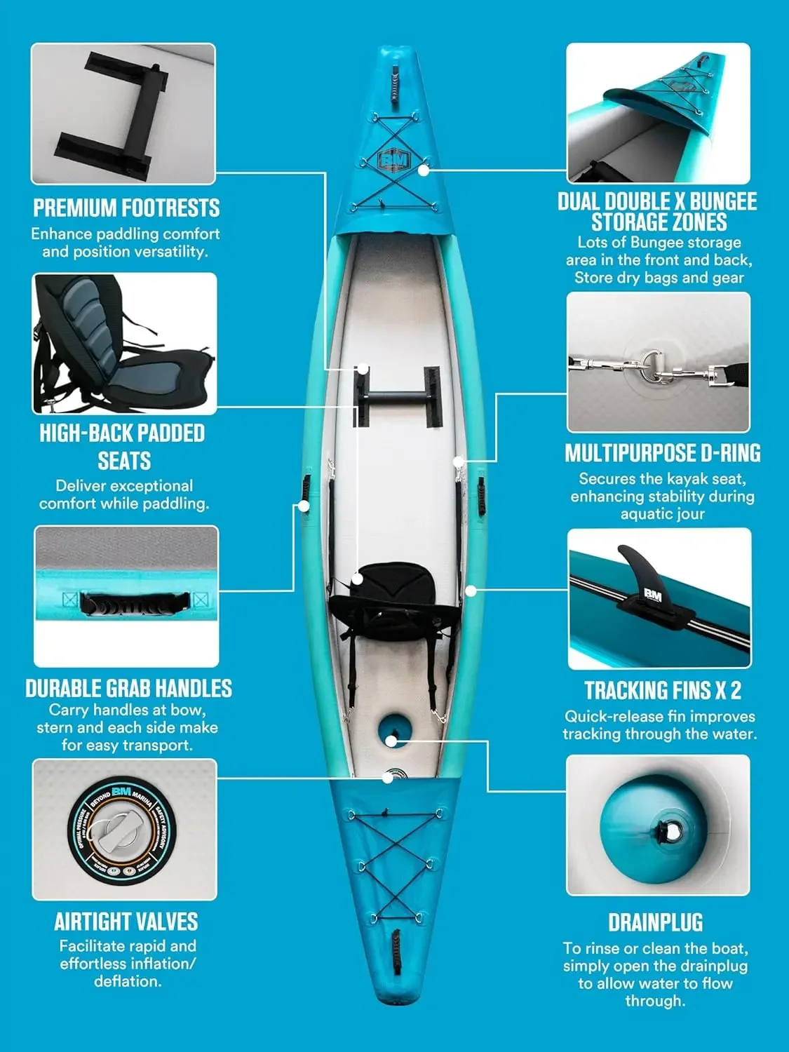 Di atas MARINA Kayak tiup 1 & 2 & 3 orang dewasa-Kayak jahitan Jatuh penuh dengan dayung aluminium, kursi, pijakan kaki, pompa,