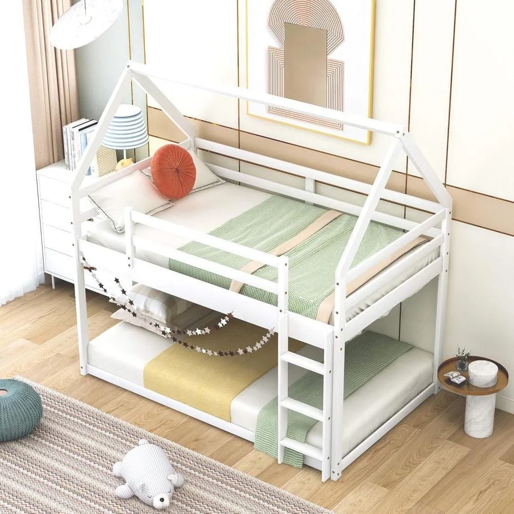 سرير خشبي بطابقين، مزدوج فوق سلم، إطار سرير بطابقين للفتيات والأولاد، مقاس أرضي للأطفال الصغار، أبيض #4