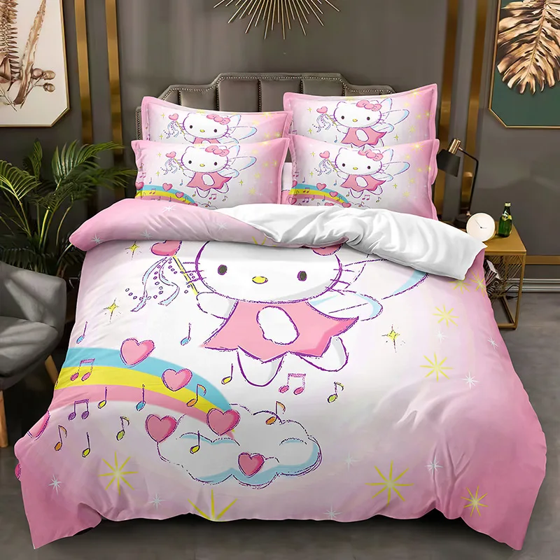 Sanrio Hello Kitty Home Bedding Set Cartoon Children's Adult Bed Pillow Cover Quilt Cover Three Piece Set Full Twin King Size