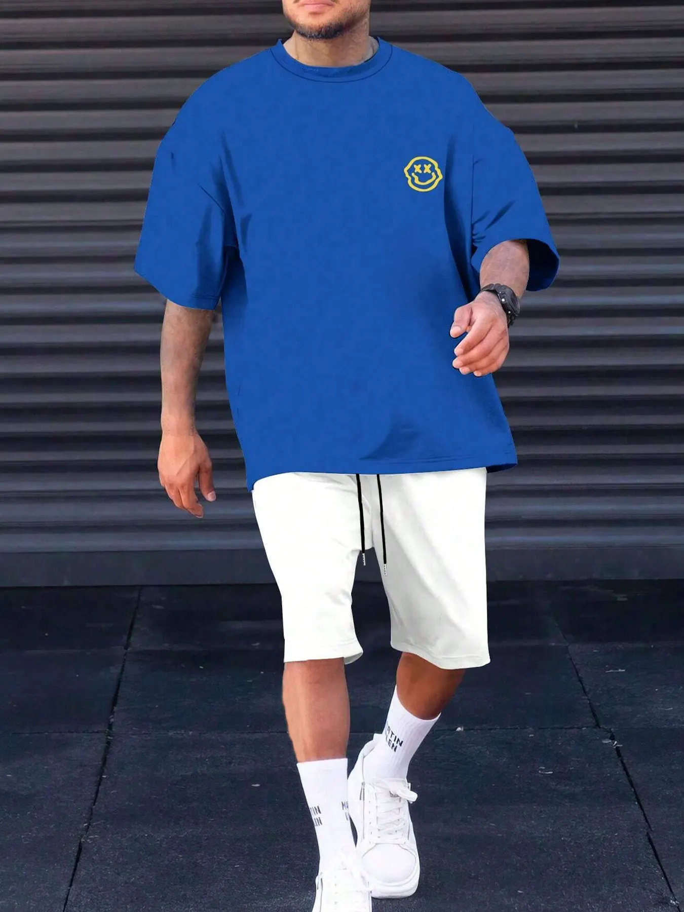 

Men's Set Summer Smiley Face English Letters Print Trendy Drawstring Shorts Short Sleeve Breathable Loose Fit Comfort Outfit