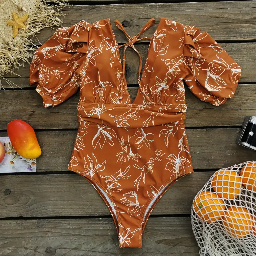 Monokini com estampa floral feminina sem costas com mangas curtas, roupa de banho com decote V, roupa de praia, novo, 2023