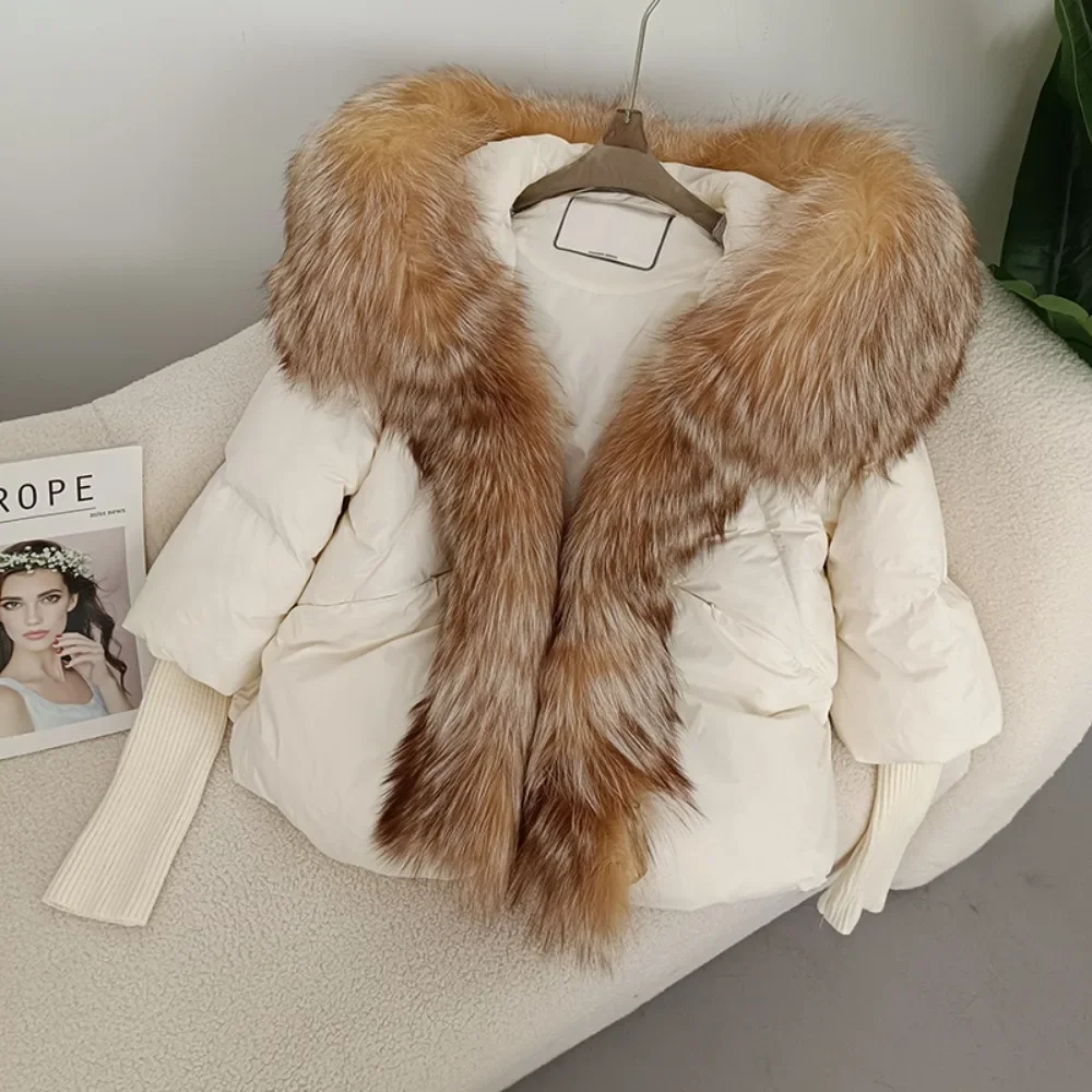 女性のための本物のキツネの毛皮の襟付きのフード付きフグジャケット,大きくて厚い,暖かい,ストリートウェア,冬