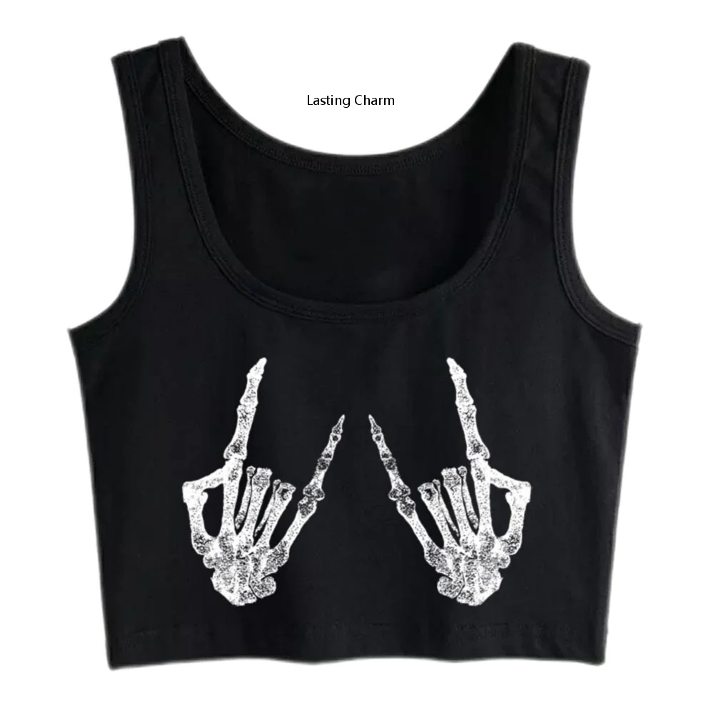 

Lasting Charm Halloween Comic Skeleton Rocker Graphic Custom Crop Top