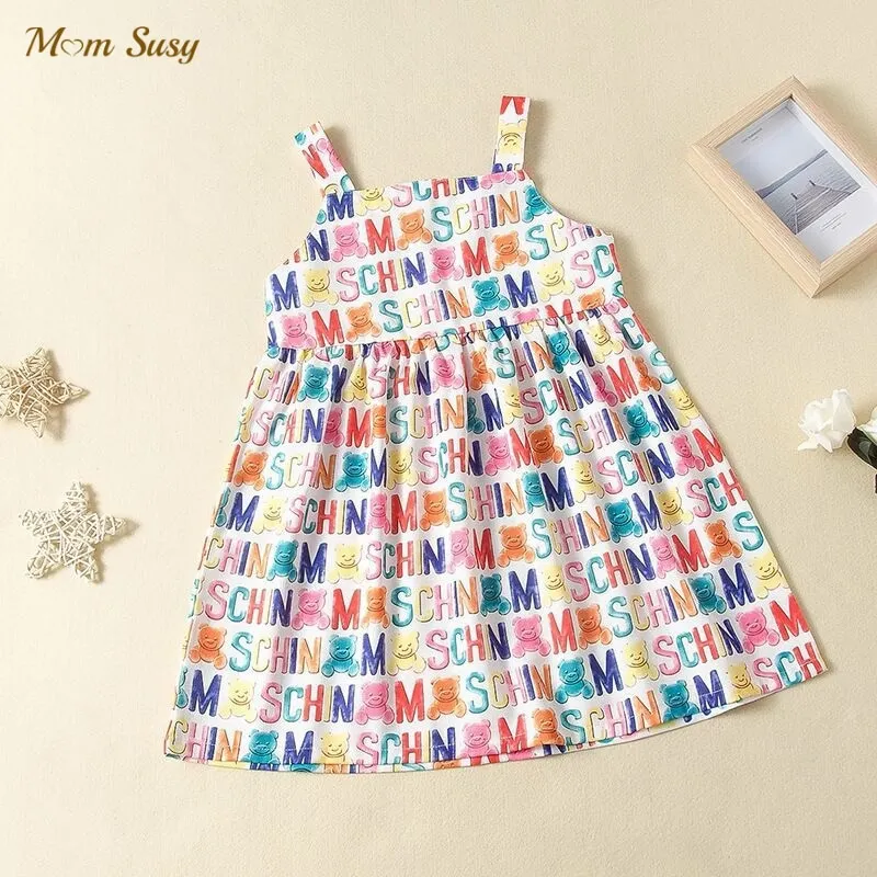 Robe à bretelles en coton pour bébé fille, avec lettres imprimées, décontractée, sans manches, vêtements d'été pour bébé de 1 à 7 ans