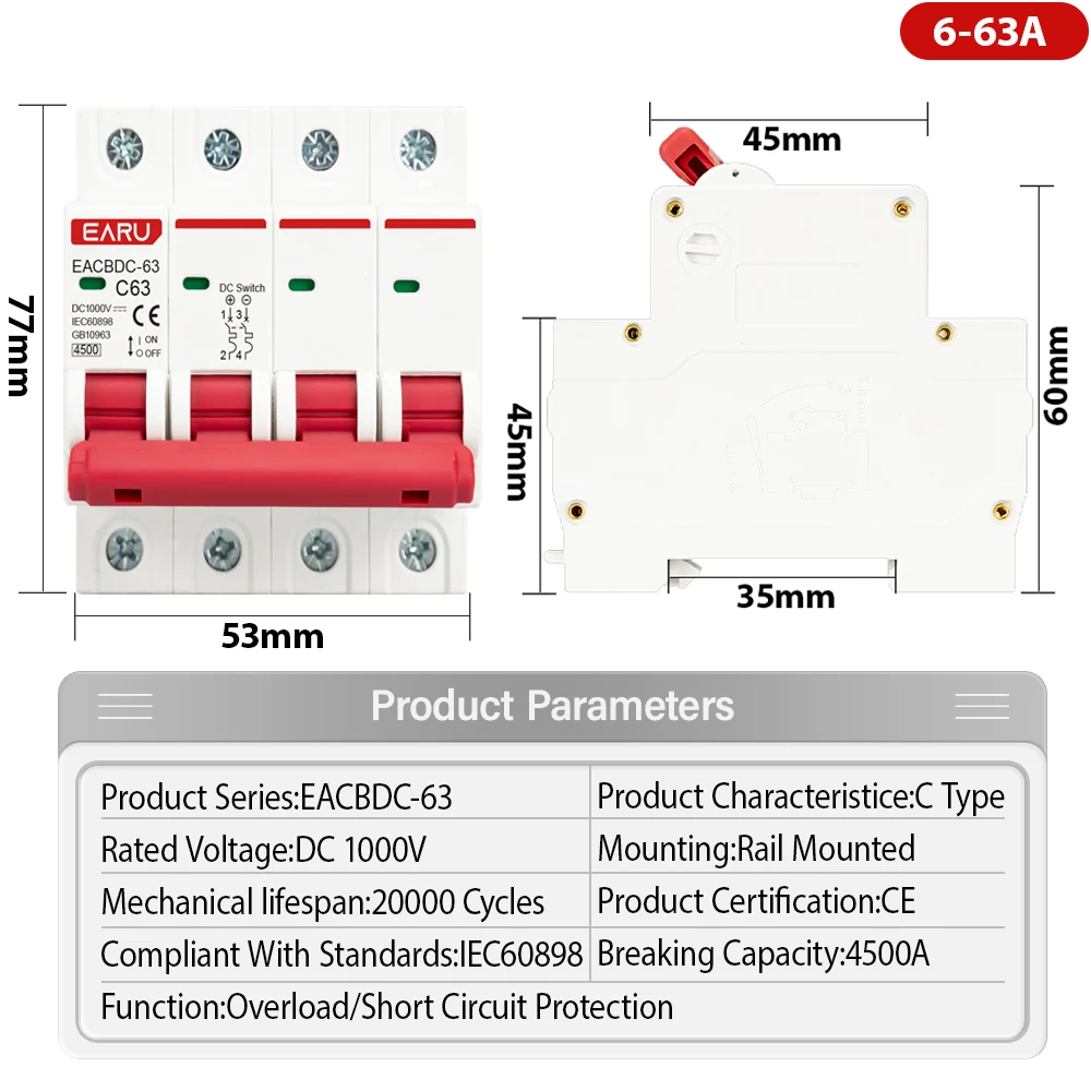 DC 1000V 4P Solar Mini Circuit Breaker Overload Protection Switch 6A 10A 16A 20A 25A 32A 40A 50A 63A Photovoltaic PV System MCB