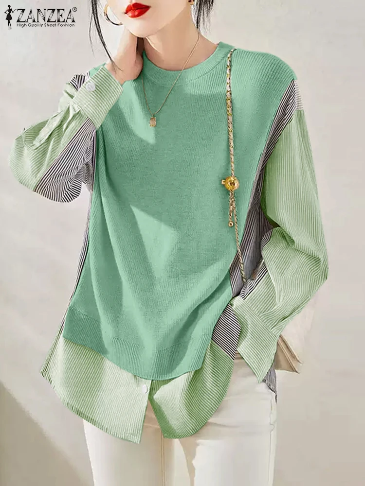

ZANZEA женские футболки с круглым вырезом и цветными блоками, винтажные лоскутные туники, шикарные топы с длинными рукавами, повседневные свободные полосатые вязаные топы