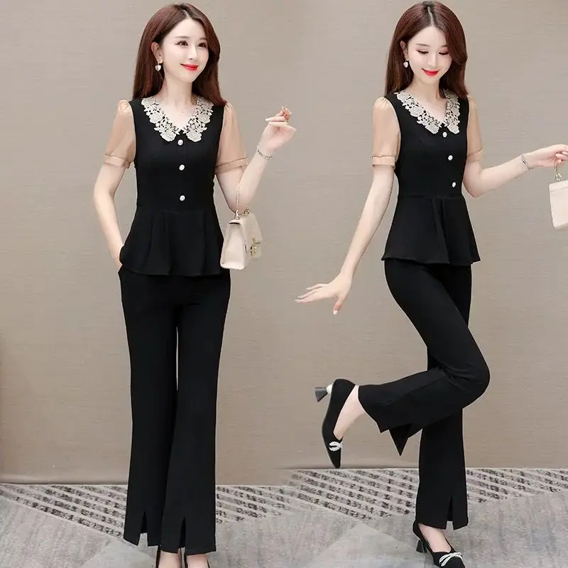 Ensembles de pantalons à col claudine surdimensionnés pour femmes, haut à volants, pantalons à jambes larges, tenues de tailleur-pantalon, vêtements d'été, nouvelle mode, 2 pièces, 2024