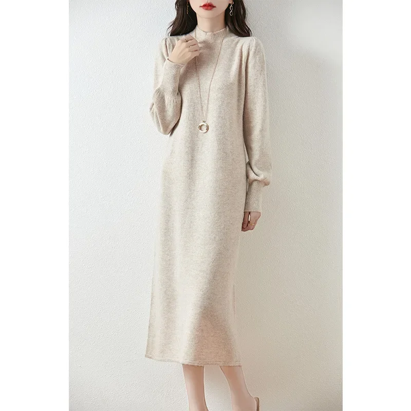 2024 Women's Autumn/Winter New Half High Collar 100% Wool Skirt Thickened Long Lantern Sleeve Inner Solid Color Dress