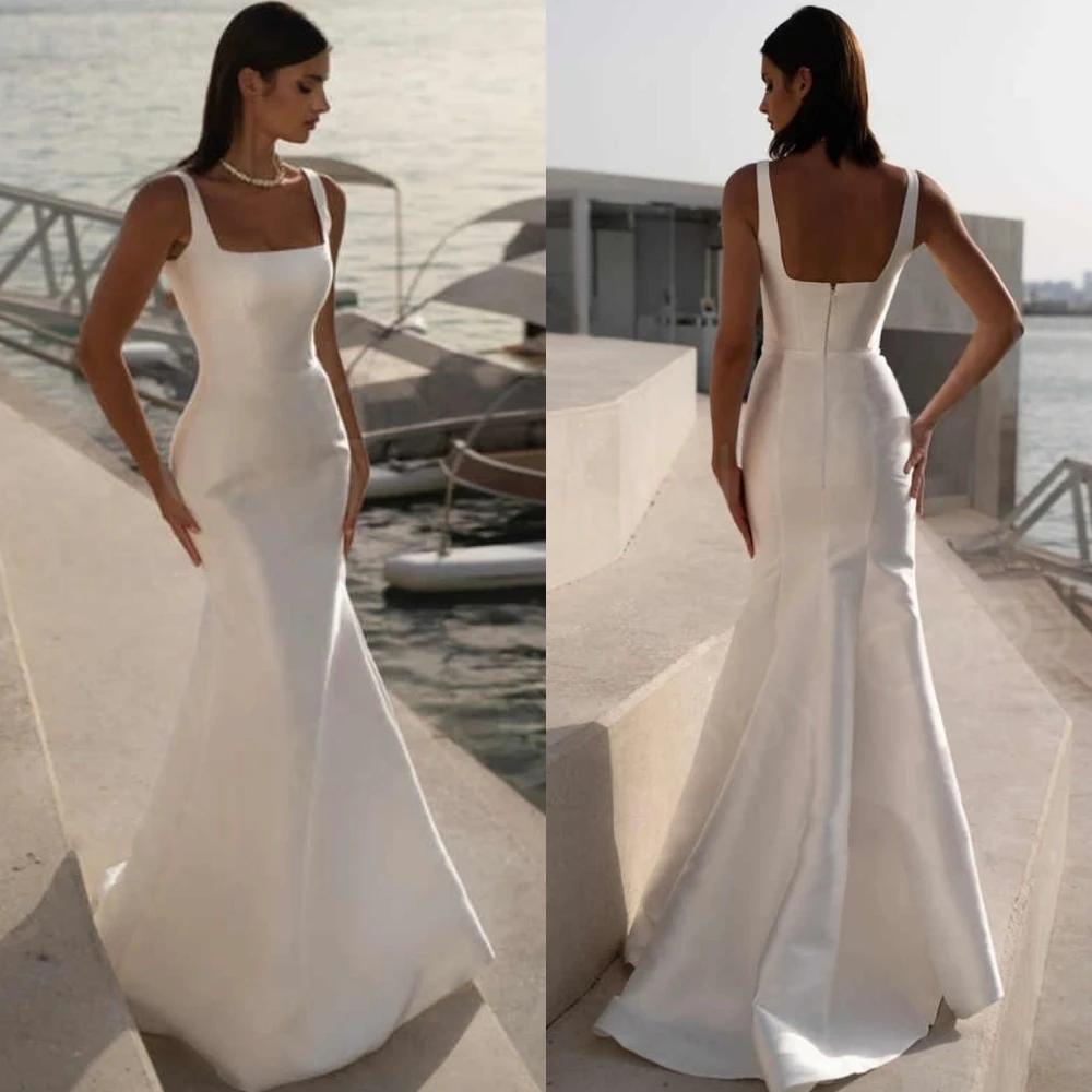

Customized Classic White Saitn Wedding Dresses Simple Square Collar Sleeveless Bridal Gowns Charming Cap Sleeve Robe de mariée