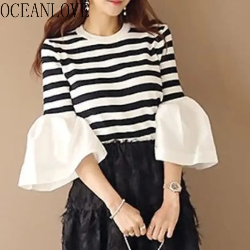 OCEANLOVE Patchwork Women Pullovers Stripes Flare Sleeve Vintage Sweet Spring Autumn Sweaters Korean Fashion Knitwears