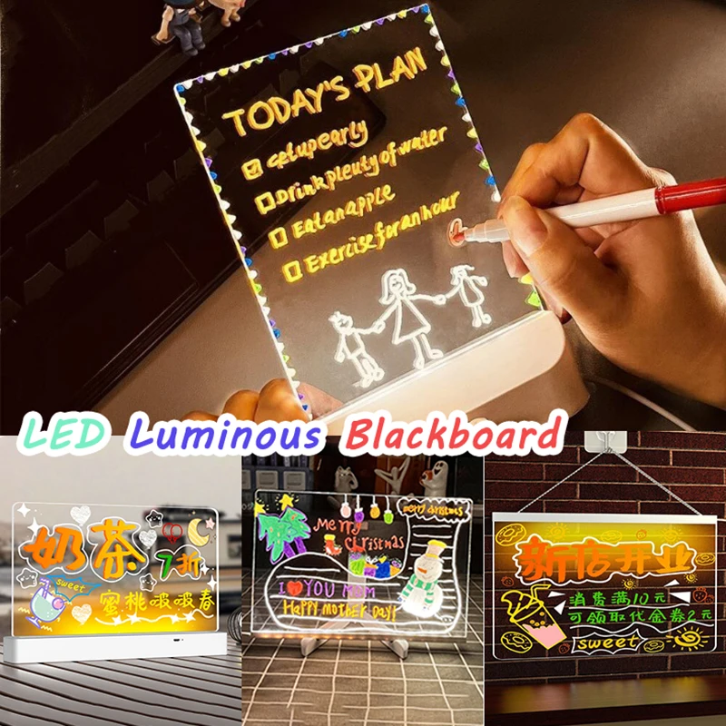 Kids LED Luminous Blackboard Drawing Toys Colorful 7 Pens Art Doodle Board Acrylic Lamp Message Board Montessori Educational Toy