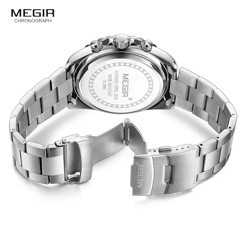 Relógio de quartzo cronógrafo analógico masculino Megir com pulseira de aço inoxidável relógio de pulso luminoso para meninos calendário 24 horas 2064G