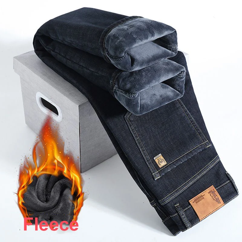 2026 New Jeans Brand Autumn Winter Jeans Warm Flocking Warm Soft Men Activities Warm Fleece Pants Men Jeans Black Blue Colors