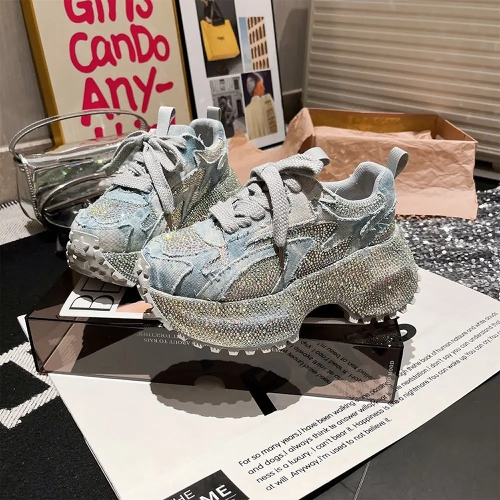 منصة عصرية سميكة القاع عارضة الدنيم المواد أبي أحذية نسائية زيادة الأحذية الرياضية المألوف جولة تو المطاط وحيد #1