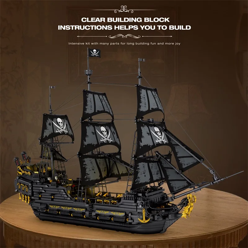 4708PCS Black Pearl Pirate Ship Building Blocks Skeleton Adventure Boat Assembly Bricks Model Set With Light Kids Toys Gifts