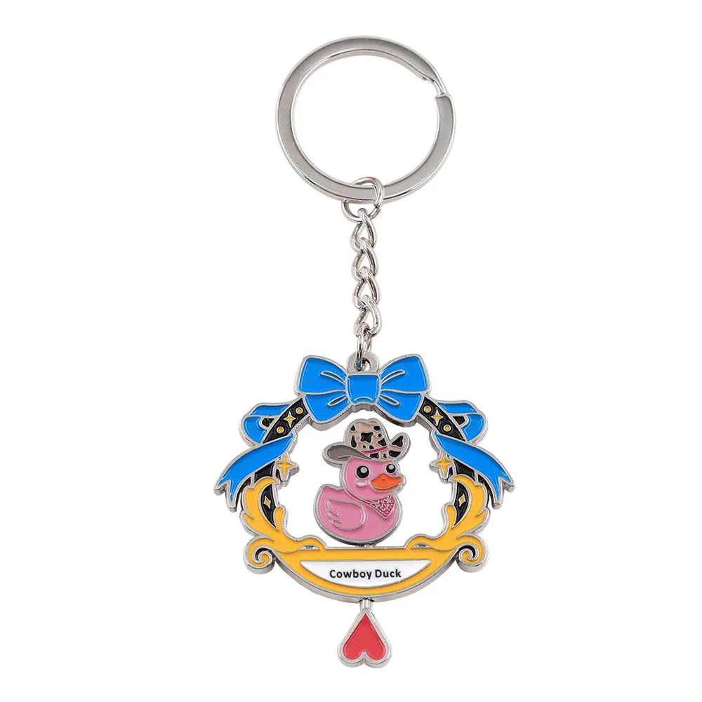 Lustiger rotierender Cowboy-Enten-Schlüsselanhänger, doppelseitig drehbarer rosa Enten-Schlüsselring, Kawaii-Tier-Metallanhänger, Schmuck für Rucksack und Tasche – Detail 1