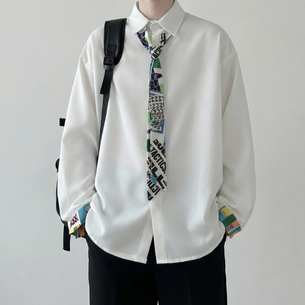 

Spring New Loose Long Sleeve Men's Shirt with Tie Design Color Block Simple Style Polyester Fiber No Ironing Required