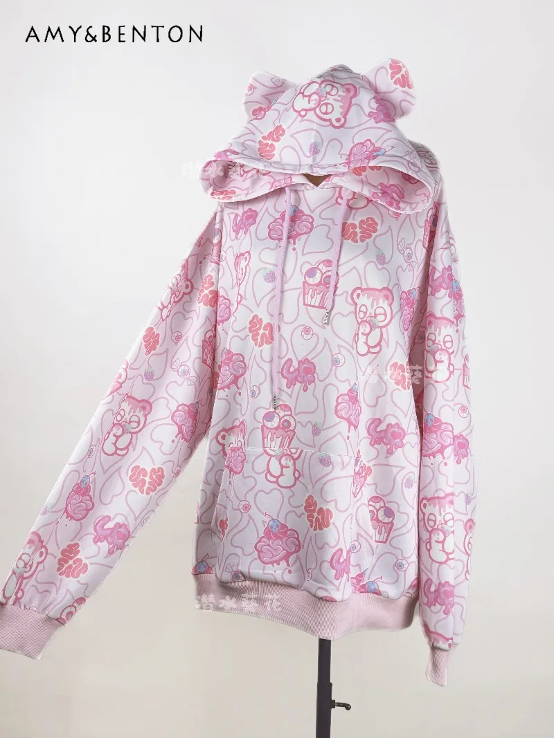 Subculture Kawaii dessin animé imprimé sweat à capuche bidimensionnel automne hiver doux mignon à capuche surdimensionné sweat Goth ours oreilles haut