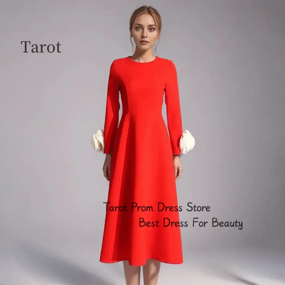 

Tarot Tea Length O Neck Prom Dresses Flowers Ruffles Elegant Long Sleeves Women Wear Gowns Saudi Formal Party فساتين سهرات