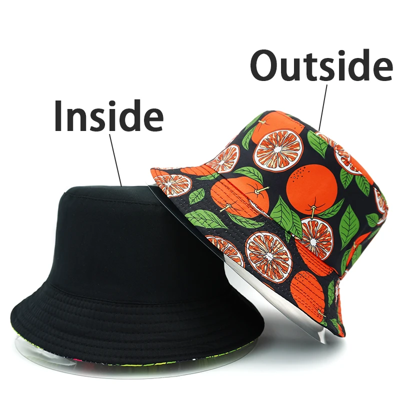 Bocca Cartoon Fruit Printing Bucket Hat Orange Watermelon Pattern Fisherman Hats Double Sides Panama Cap Men Women Summer Sun