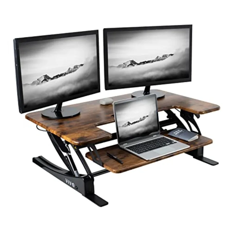 

36 inch Height Adjustable Stand Up Desk Converter V Series Quick Sit to Stand Tabletop Dual Monitor Riser Workstation Rustic Vi
