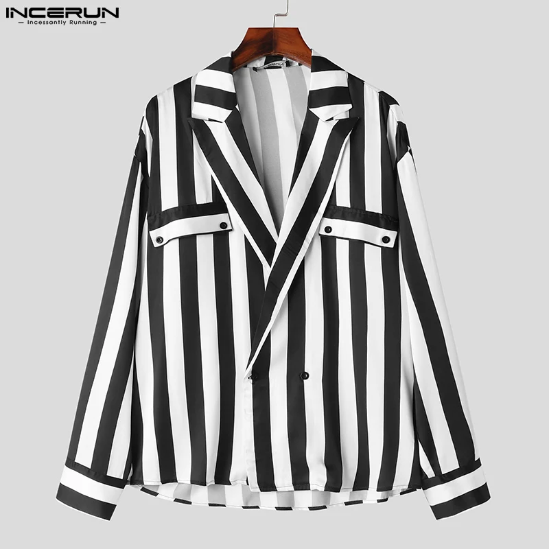 INCERUN Tops 2024 American Style New Men Personality Black&White Striped Pocket Shirts Casual Hot Sale Long Sleeved Blouse S-5XL