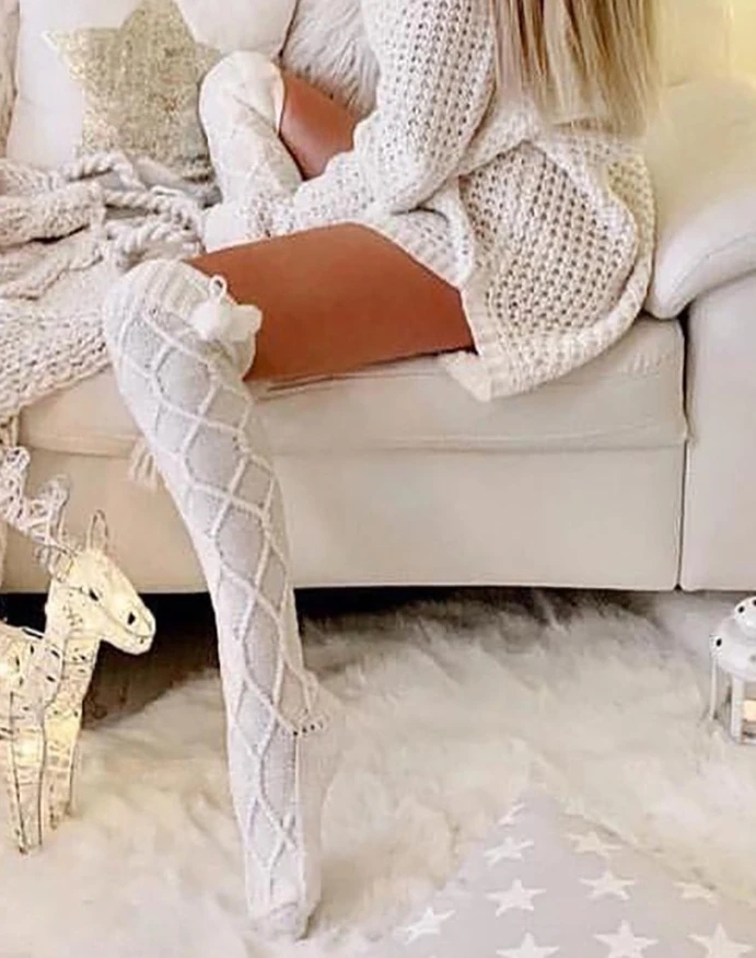 

1Pair Braided Bowknot Decor Skinny Long Socks 2025 Autumn Winter Spring New Fashion Casual Calf Socks