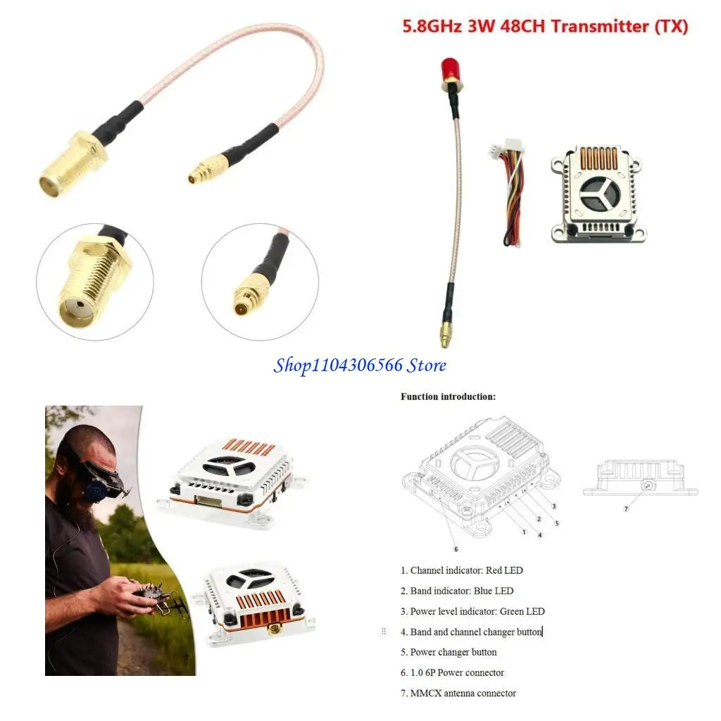 

02DD 3 Вт видеопередатчик 5,8 ГГц 48 каналов 2-8 S 25 МВт/1000 МВт МВт 3000 МВт Регулируемый для гоночных дронов