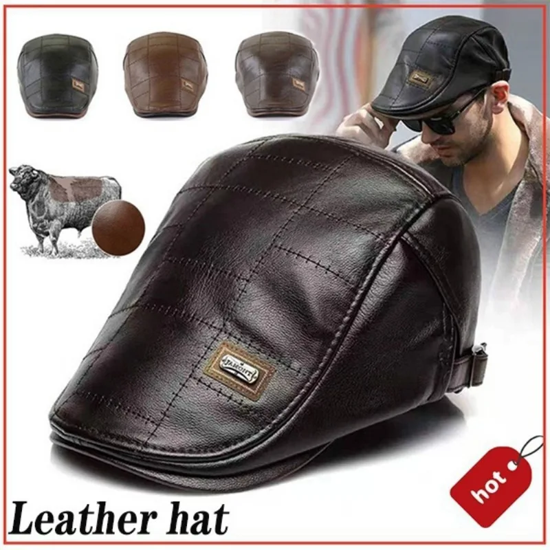 Leather Beret Hat Retro Newsboy Hats Warm Cap Duckbill Visor Boinas Flat Caps for Men