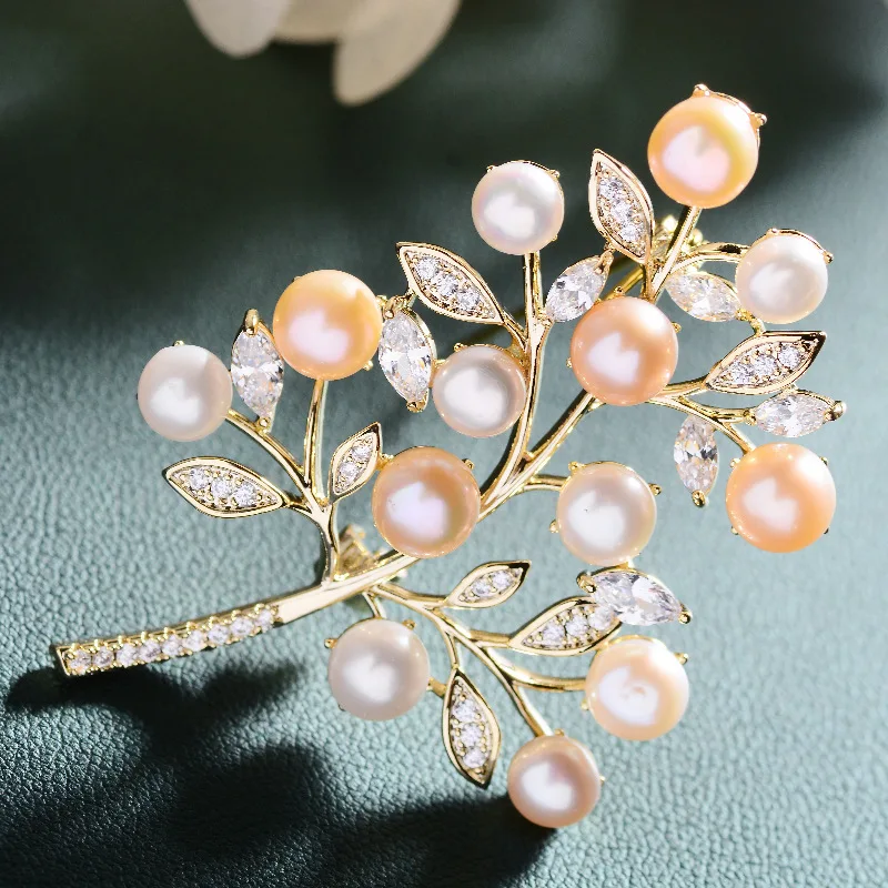Korean New Micro-inlaid Zircon Freshwater Pearl Tree Brooch Elegant Temperament Coat Suit Accessories Pins for Women