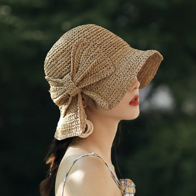 

Small Bim Split Straw Women Hat Female Summer Sun Protection Hats Bow Bucket Hat Foldable Holiday Beach Sun Hat