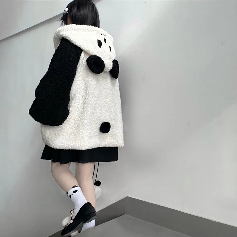 Kawaii Hoodie Ladies Fur Coat Loose Sweatshirt Zipper Cute Panda Ear Cap Autumn and Winter Warm Lamb Plus Fleece Hooded Jacket