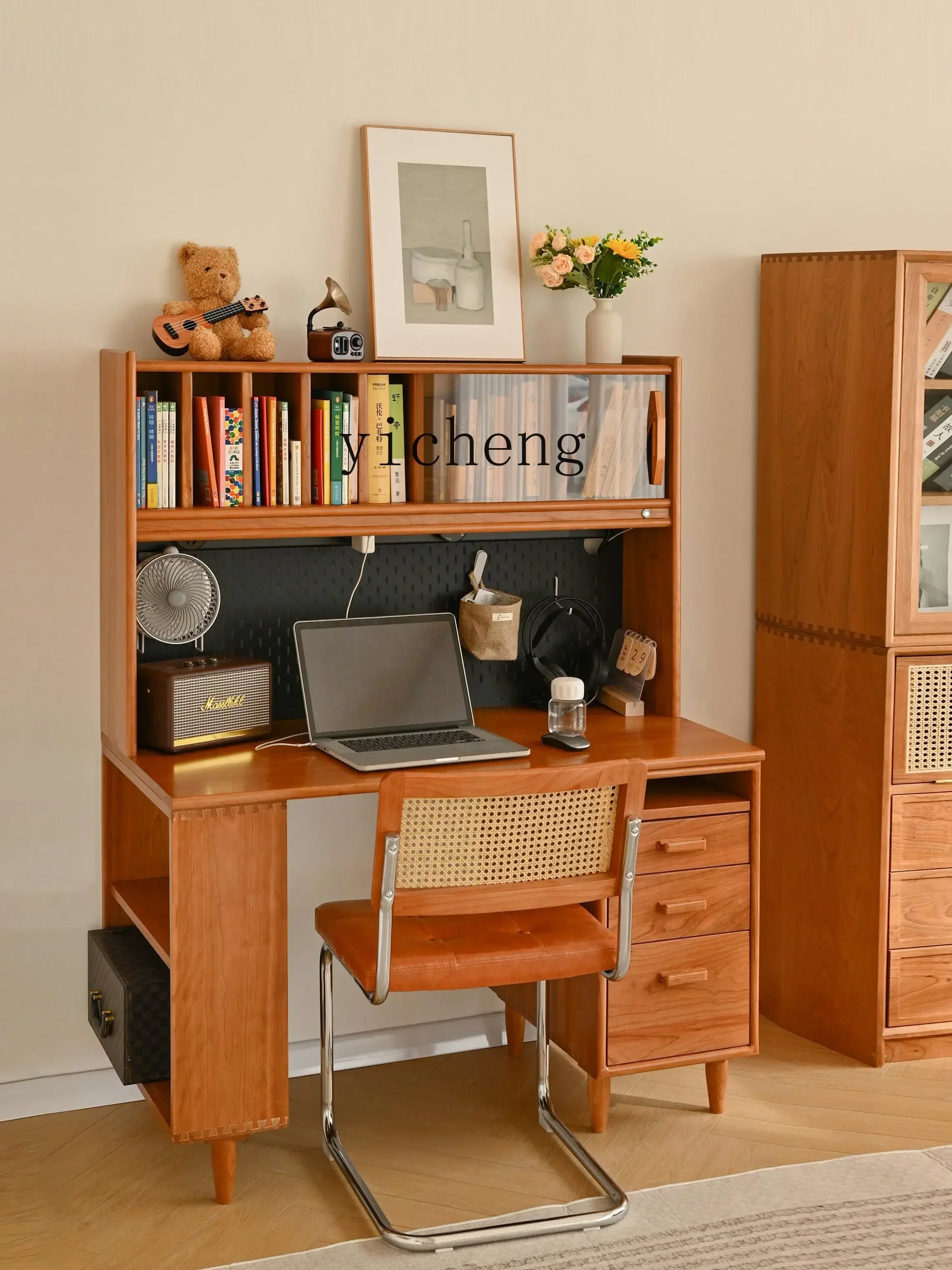 Solid Wood Desk Bookshelf Integrated Cherry Wood Simple Modern Children's Learning And Writing Double TableA13