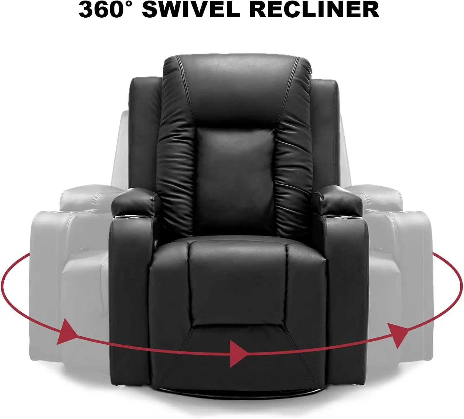 Recliner Chair, PU Rocking Chair for Adults, Swivel Recliner with Cup Holders, Heat and Massage, Single Sofa Seat with Side Pock