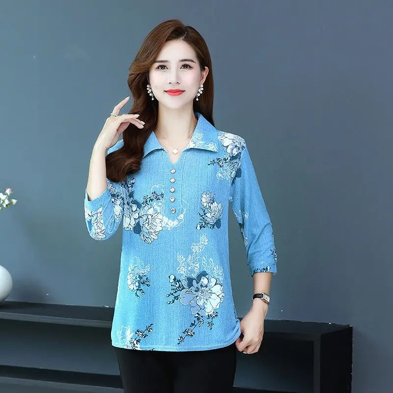 2023 Women's Clothing Three Quarter Sleeve Printing Pullovers Casual Loose Turn-down Collar Straight Simplicity Elegant T-Shirts