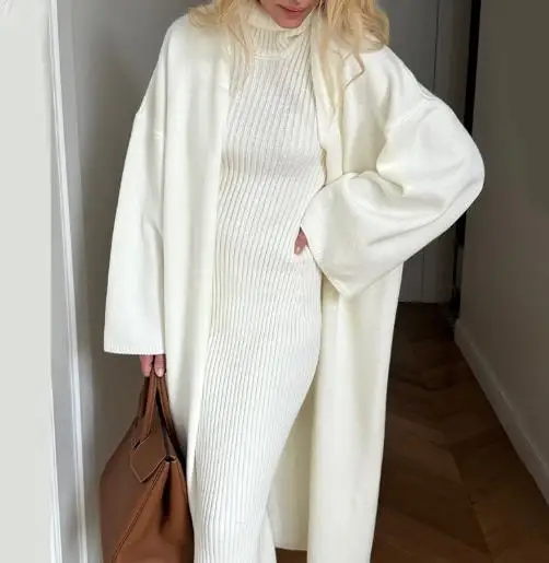 

Женский комплект из двух предметов, весна-осень 2023, новое длинное платье-свитер без рукавов с высоким воротником и кардиган с длинными рукавами