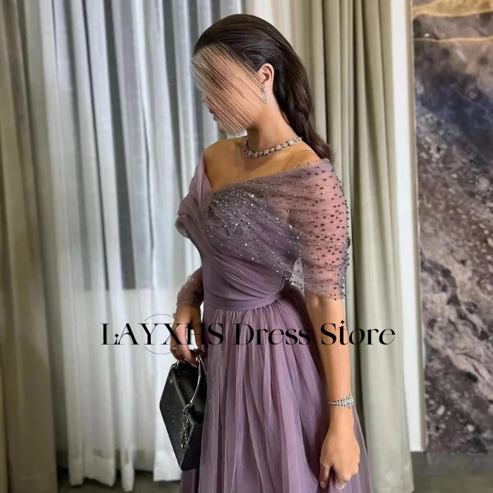 

LAYXHS Fashion Off the shoulder Evening Dresses A-Line Tulle Beaded Pleat Prom Dresses Customized فساتين سهرات