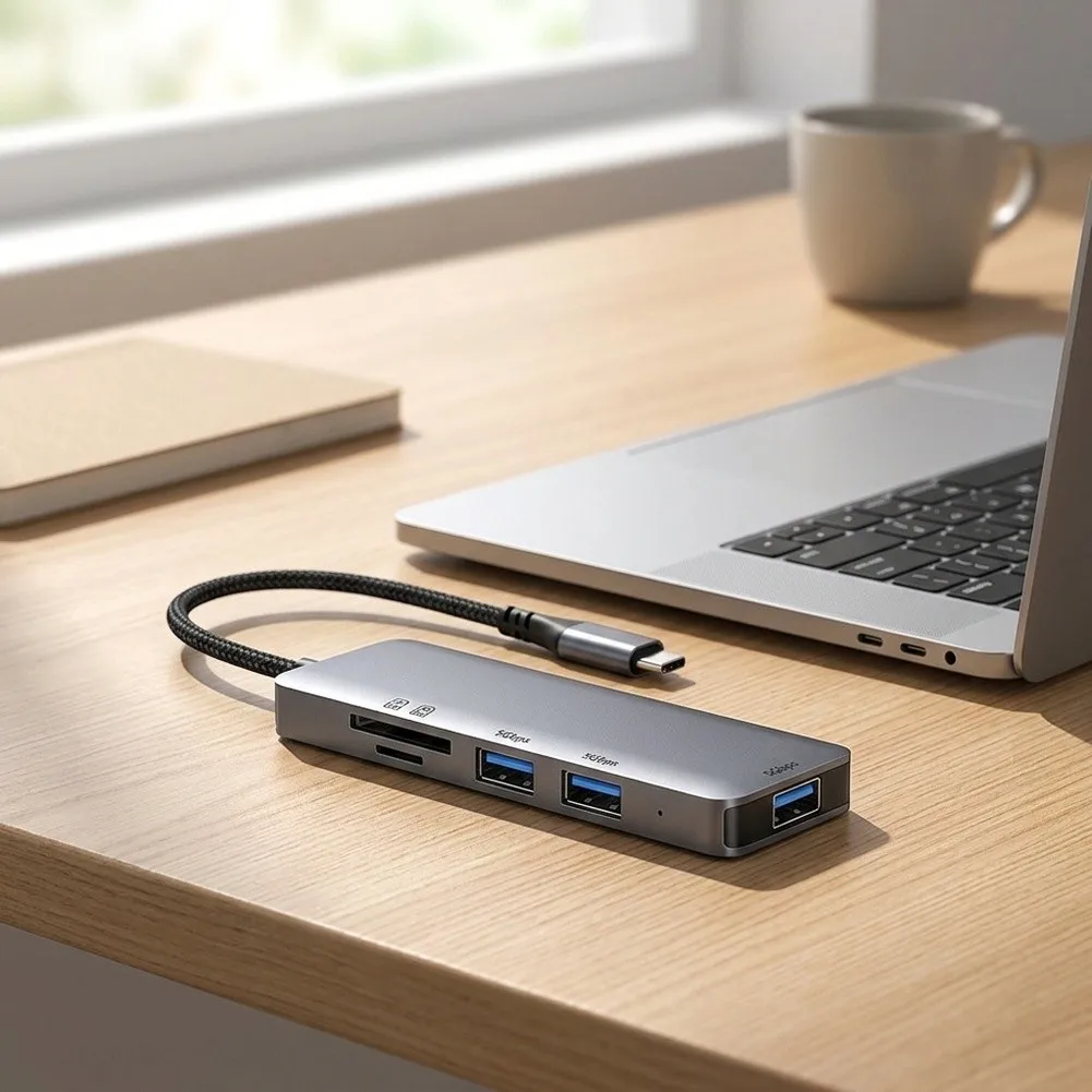 5 In 1 USB C Hub Adapter Laptop Docking-Station 5Gbps High-Speed Transfer Dual Memory Card Reader Laptop Accessories
