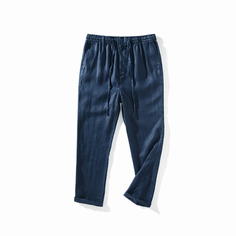 Calça de linho japonesa casual juvenil masculina solta, calça respirável, elástico na cintura, fina, verão