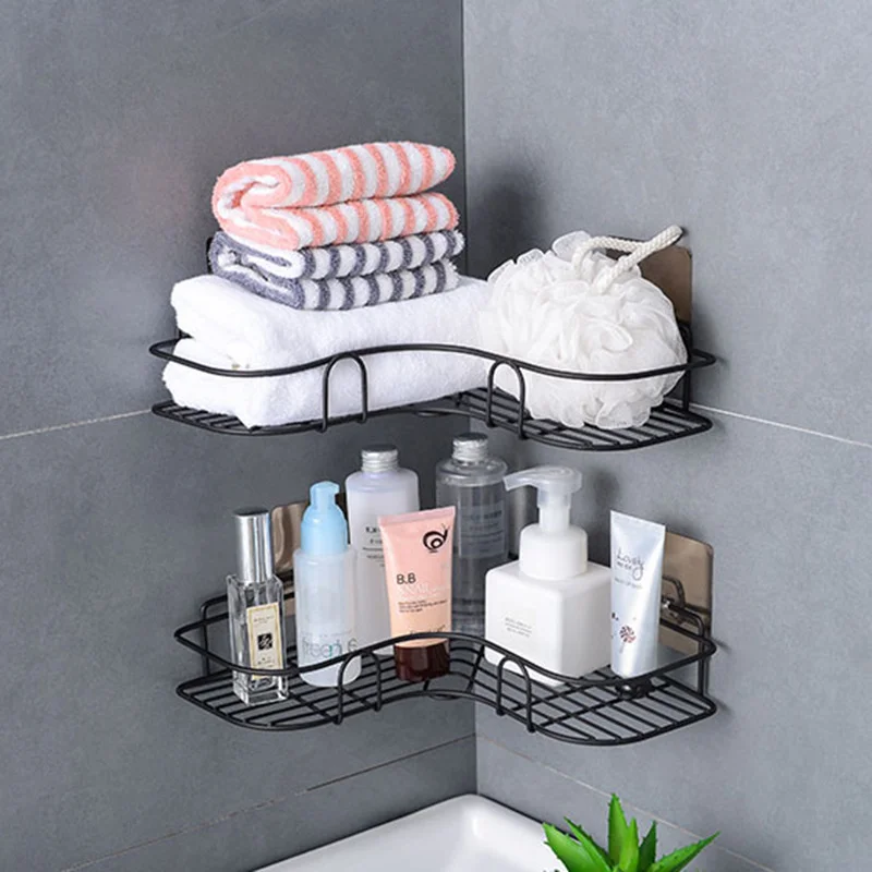 Bathroom Corner Storage Shelves Wall Mounted Rack Shampoo Holder Iron Shower Drain Basket Punch-Free Organizer Bath Accessories