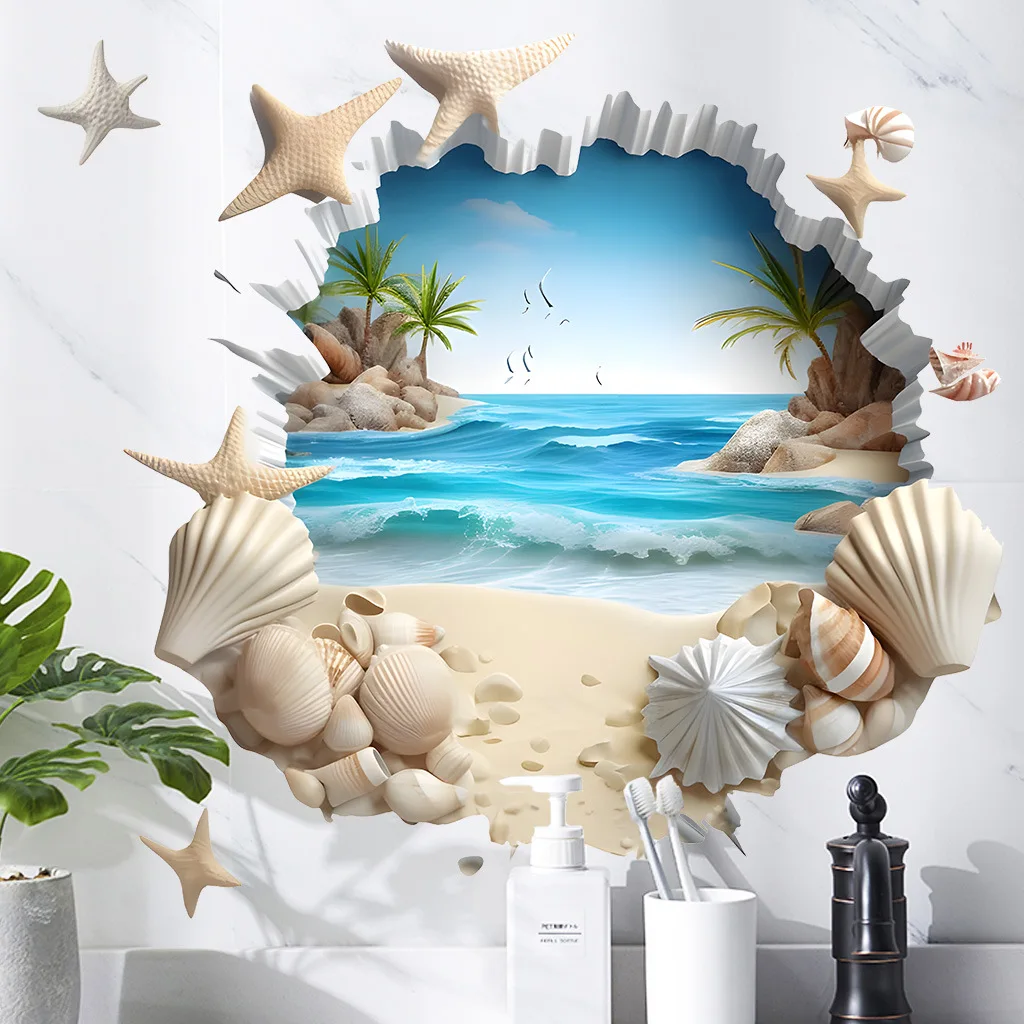 1 Stück Exquisiter Muschel-PVC-Toilettenaufkleber für Strand und Meer, Wasserdichter Selbstklebender Dekorativer Wandaufkleber für Badezimmer – Detail 8