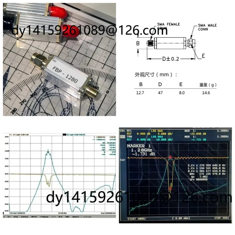 2026 1280 (1220～1340) MHz bandpass filter, ultra-small size, SMA interface Maximum carrying power: 10 W (40 dBm) FBP-1280