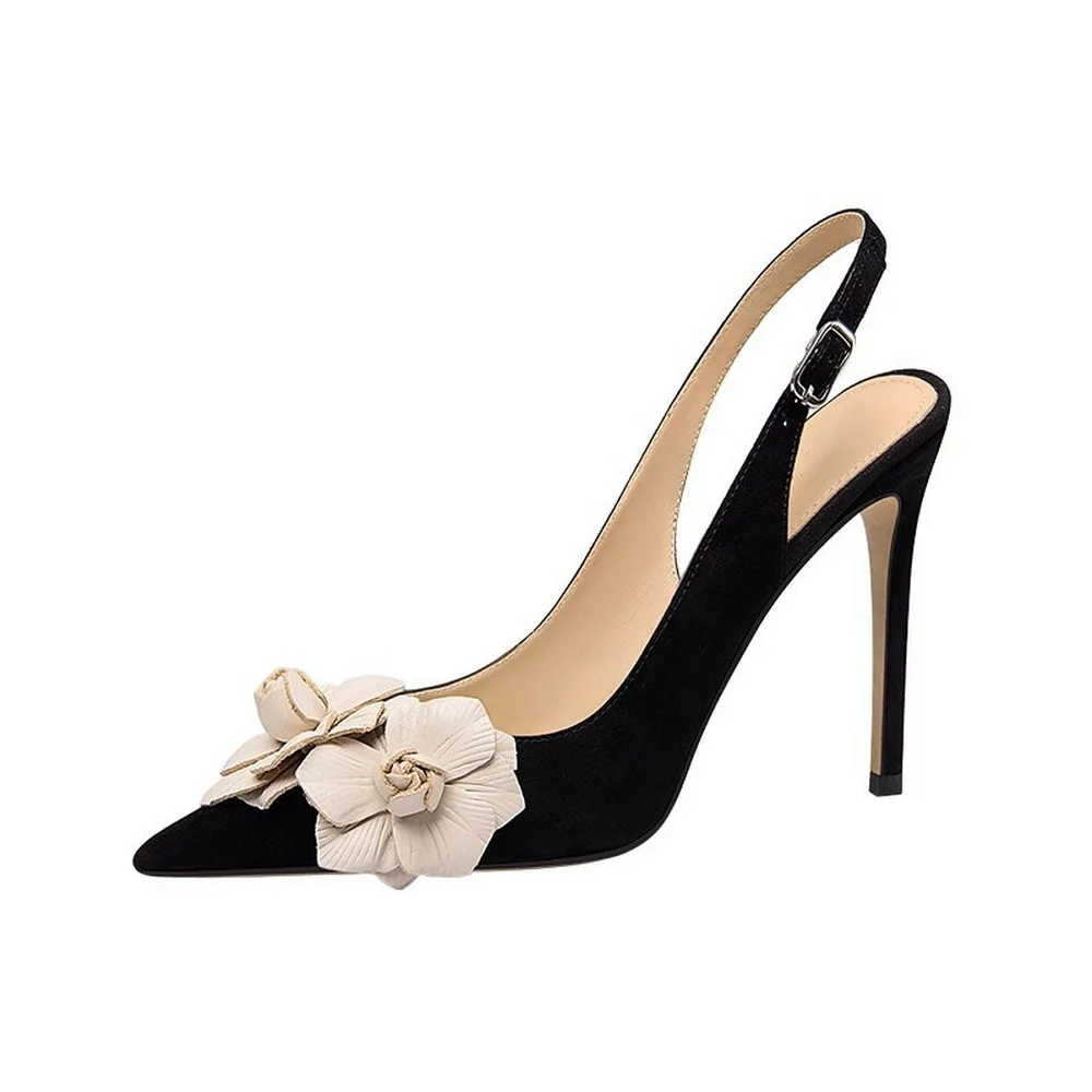 

Туфли-лодочки на высоком каблуке 12 см/4,7 дюйма, женские туфли с большим цветком, сексуальные туфли-слингбэки из флоковой кожи, с острым носком, с ремешком на щиколотке, черные, дропшиппинг
