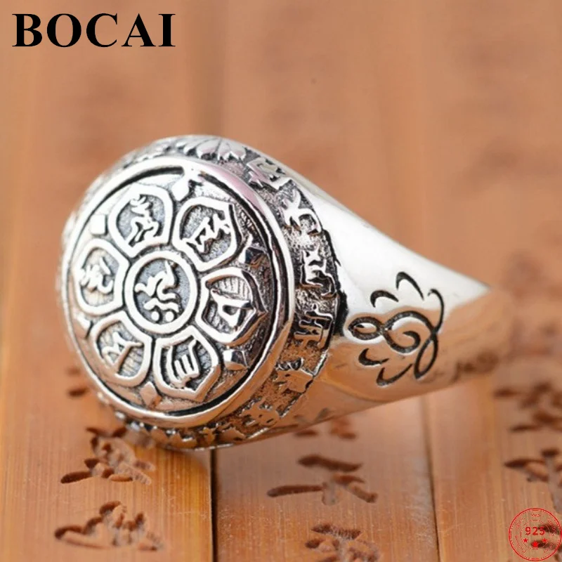 BOCAI S925 Sterling Silver Rings for Men Women New Fashion Six Syllable Mantra Lotus Pure Argentum Amulet Jewelry Free Shipping