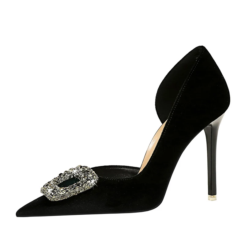 ZOOKERLIN Pointed Velvet Rhinestone Women's Pumps Stiletto Heels Slip On Banquet Woman Shoes Sexy Solid Color 34-43 Plus Size