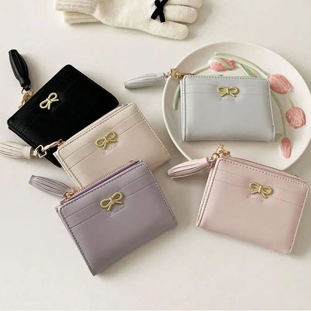 Compact Bow PU Leather Coin Purse Mini Two-Fold Mini Zipper Wallets Portable Coin Pouch Travel
