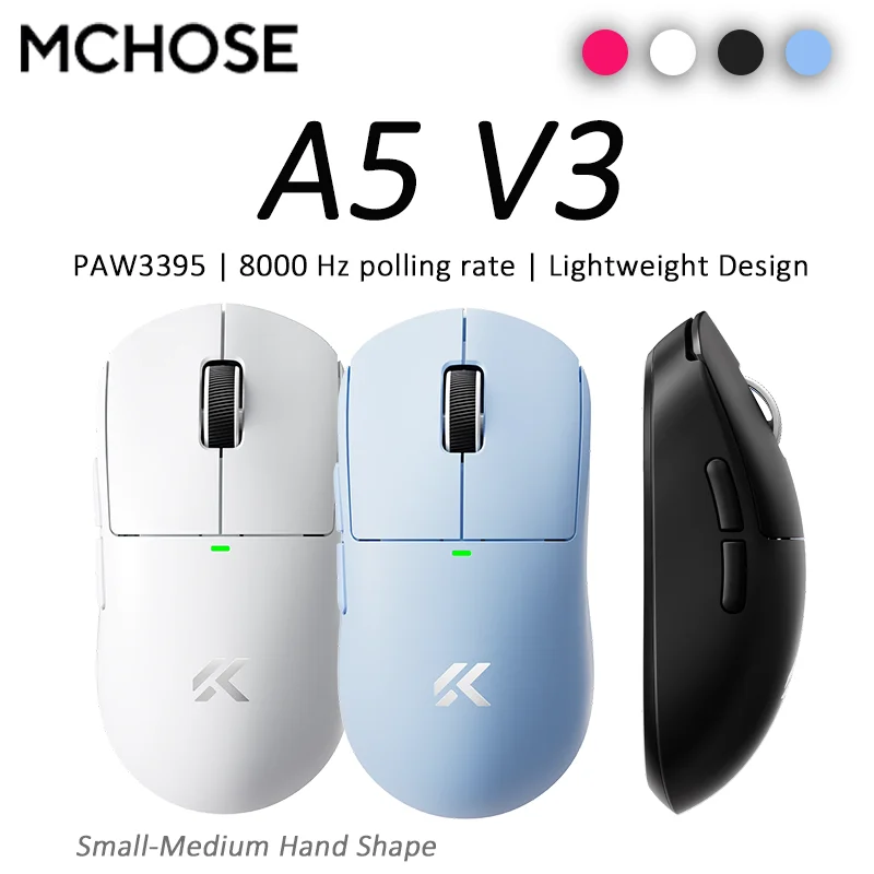 

MCHOSE A5 V3 Lightweight Gaming Mouse PAW3395 Ultralight 8K Wireless Ergonomic Tri-Mode 500mAh Small-Medium Hand Shape