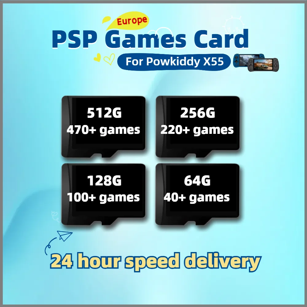 

Powkiddy X55 PSP Games Card Europe Version Plug&Play TF Box Memory All Language Custom Retro 512G 470+ 256G 220+ 128G 100+ 64G