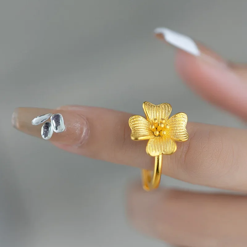 Anello a fiore aperto antico di lusso leggero di alta qualità in oro giallo 24 carati in vero oro 9999