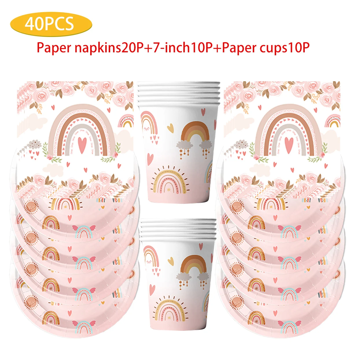 Pink Rainbow Theme Party Supplies, Disposable Plates, Paper Towels, Paper Cup, Tablecloth, Dining Fork Set, Tableware